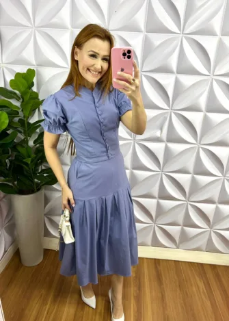 Conjunto No Tricoline Mídi Com Botões Encapados Liliane - Cinza - Milla Chic