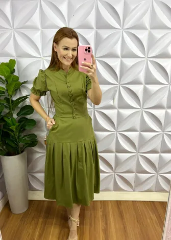 Conjunto No Tricoline Mídi Com Botões Encapados Liliane - Verde - Milla Chic
