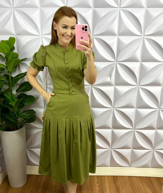 Conjunto No Tricoline Mídi Com Botões Encapados Liliane - Verde - Milla Chic