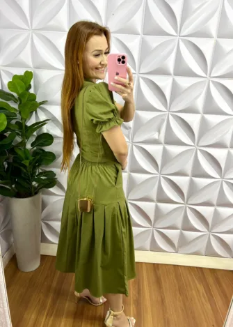 Milla Chic - millachic com br conjunto no tricoline midi com botoes encapados liliane verde Conjunto No Tricoline Mídi Com Botões Encapados Liliane - Verde - Milla Chic