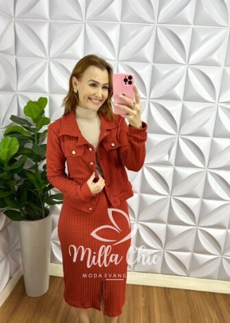Conjunto Crepe Burble Casaco e Saia Mídi Elie - Terra Cota - Milla Chic