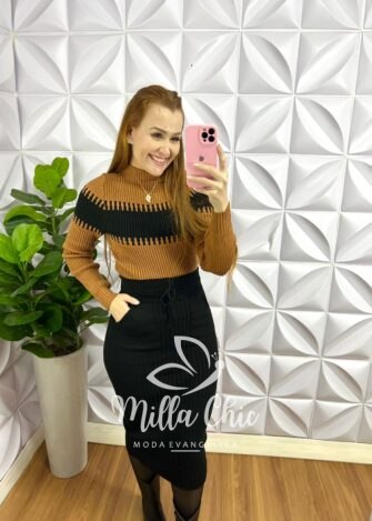 Milla Chic - millachic com br conjunto trico manga longa saia midi graciela preto e caramelo 2 Conjunto Trico Manga Longa Saia Mídi Graciela - Preto e Caramelo - Milla Chic
