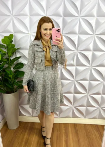 Conjunto Tweed Três Peças Com Saia Godê Elisa - Cinza - Milla Chic