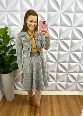 Conjunto Tweed Três Peças Com Saia Godê Elisa - Cinza - Milla Chic