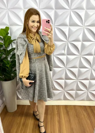 Conjunto Tweed Três Peças Com Saia Godê Elisa - Cinza - Milla Chic