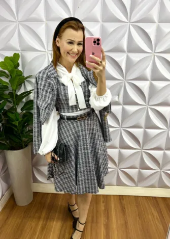 Conjunto Tweed Três Peças Com Saia Godê Elisa - Preto - Milla Chic