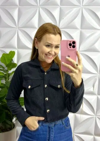 Jaqueta De Cotelê Com Botões Dourados Iris - Preta - Milla Chic