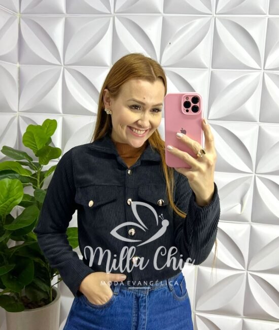 Jaqueta De Cotelê Com Botões Dourados Iris - Preta - Milla Chic