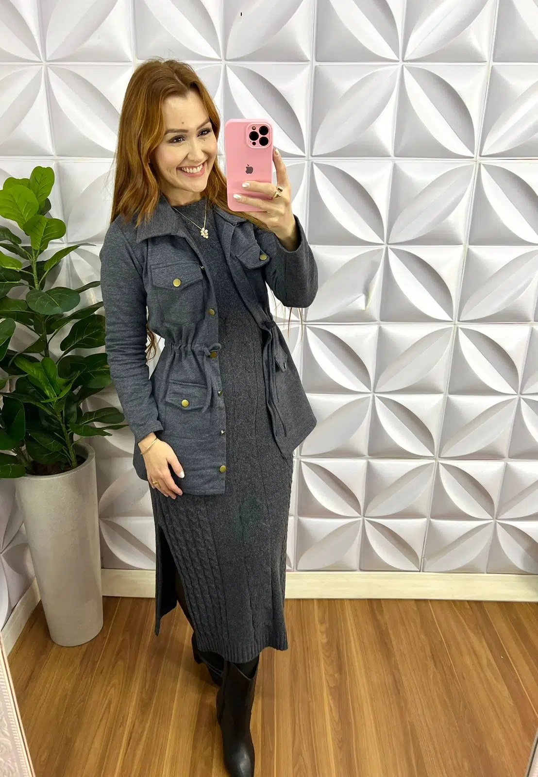 Parka Flanelada Com Botões Dourado Erika - Mescla - Milla Chic