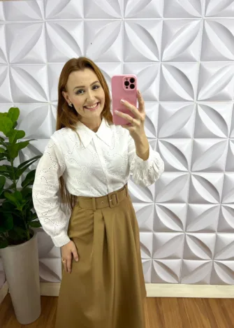 Saia Alfaiataria Mídi Com Cinto Encapado Amélia - Caramelo - Milla Chic
