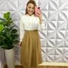 Saia Alfaiataria Mídi Com Cinto Encapado Amélia - Caramelo - Milla Chic