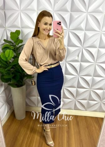 Saia Cotelê Com Elastano Mídi Fenda Frontal Cristina - Azul - Milla Chic