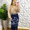 Saia Cotelê Com Elastano Mídi Fenda Frontal Cristina - Azul - Milla Chic