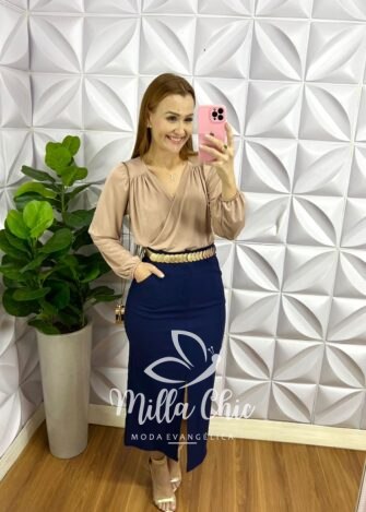 Saia Cotelê Com Elastano Mídi Fenda Frontal Cristina - Azul - Milla Chic