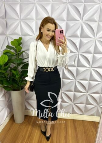 Saia Cotelê Com Elastano Mídi Fenda Frontal Cristina - Preto - Milla Chic