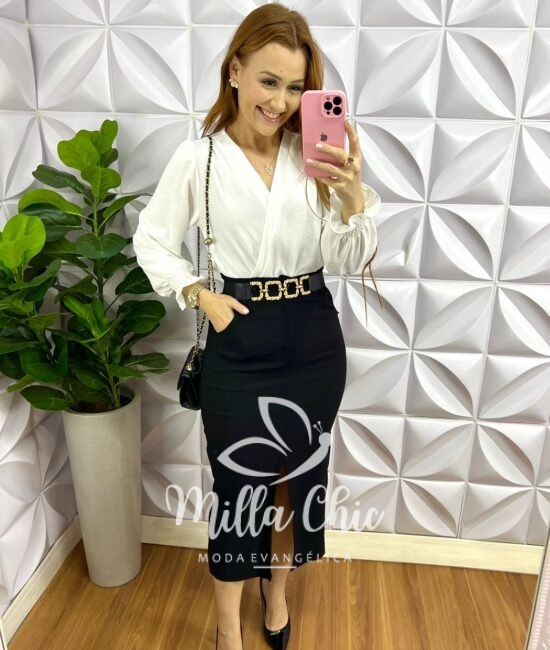 Saia Cotelê Com Elastano Mídi Fenda Frontal Cristina - Preto - Milla Chic