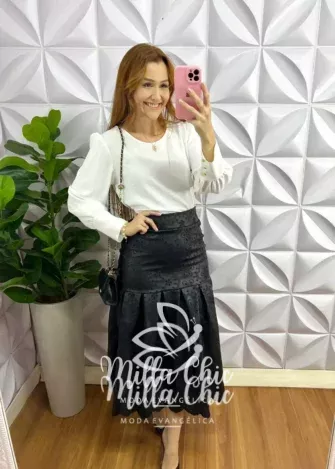 Saia Couro Lasie Bordada Mídi Mirele - Preto - Milla Chic
