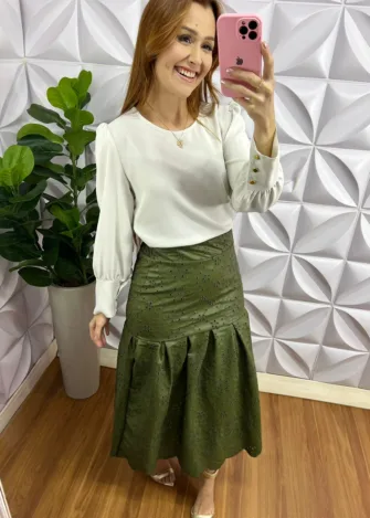 Saia Couro Lasie Bordada Mídi Mirele - Verde - Milla Chic