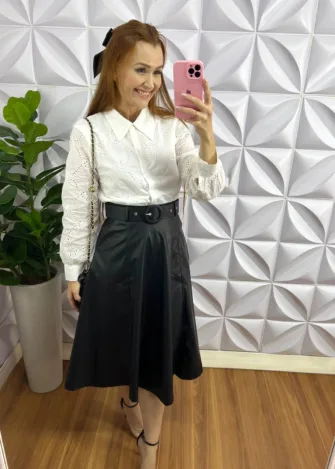 Saia De Couro Cinto Encapado Evase Sirlene - Preta - Milla Chic