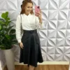 Saia De Couro Cinto Encapado Evase Sirlene - Preta - Milla Chic
