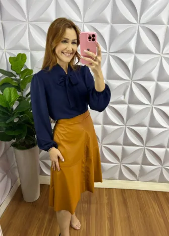 Saia De Couro Com Bolso Lateral Rosália - Caramelo - Milla Chic