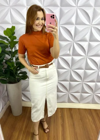 Saia Jeans Com Fendas Frontal Helena - Branca - Milla Chic