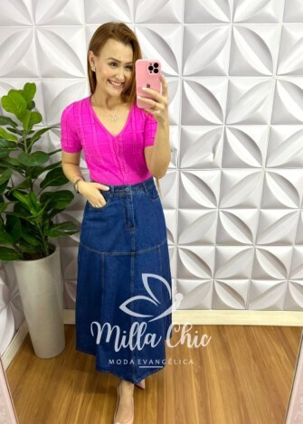 Saia Jeans Longa Evase Paulinha - Azul - Milla Chic