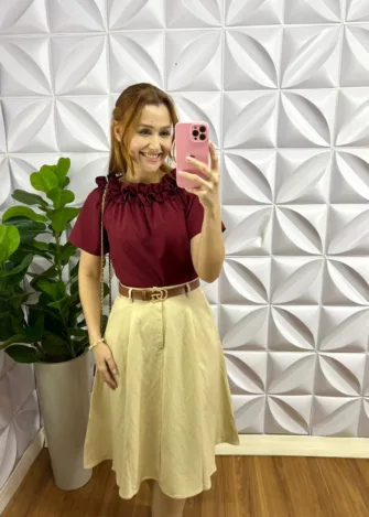 Saia Linhocel Evase Bolso Faca Lolita - Areia - Milla Chic