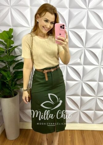 Saia Sarja Evase Mídi Com Fenda Yara - Verde - Milla Chic