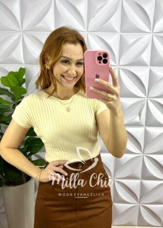 Saia Sarja Evase Mídi Com Fenda Yara - Marrom - Milla Chic