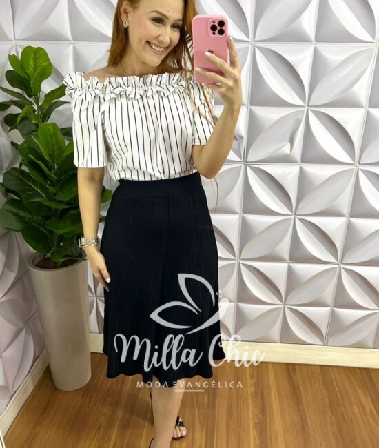 Saia Trico Com Elástico Na Cintura Midi Isabel - Preta - Milla Chic