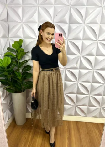 Saia Tule Com Elástico Na Cintura De Poá Isabella - Marrom - Milla Chic