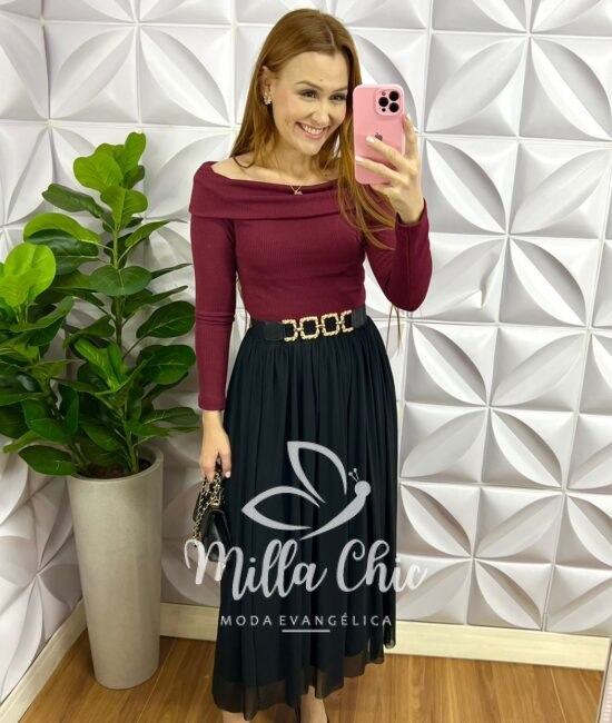 Saia Tule Longa com Lastex na Cintura Adriele - Preta - Milla Chic