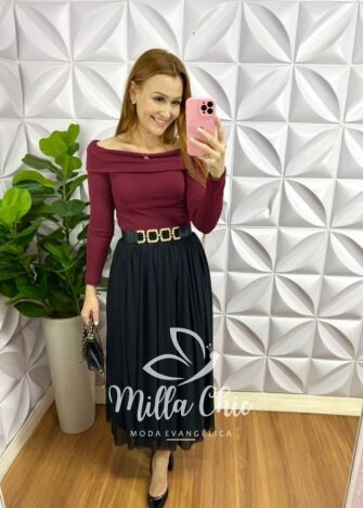 Saia Tule Longa com Lastex na Cintura Adriele - Preta - Milla Chic