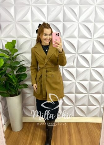 Sobretudo Lã Batida Mídi Com Gola Removível Cecilia - Caramelo - Milla Chic