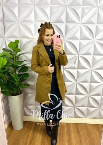 Sobretudo Lã Batida Mídi Com Gola Removível Cecilia - Caramelo - Milla Chic
