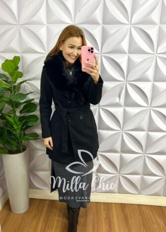 Sobretudo Lã Batida Mídi Com Gola Removível Cecilia - Preto - Milla Chic