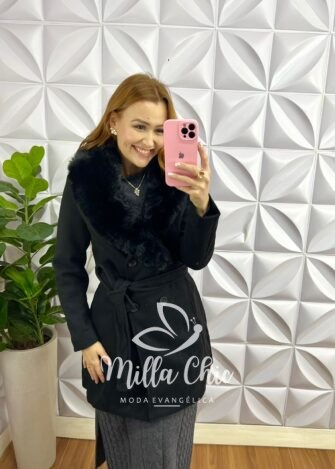 Sobretudo Lã Batida Mídi Com Gola Removível Cecilia - Preto - Milla Chic