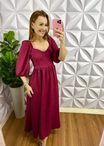 Vestido Cambraia De Linho Longuete Quesia - Cereja - Milla Chic