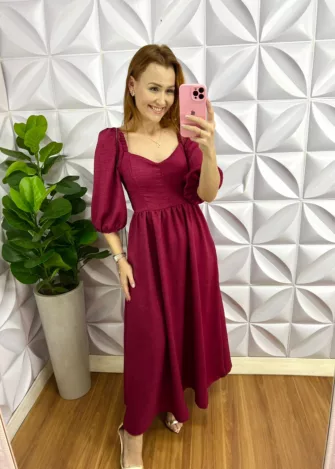 Vestido Cambraia De Linho Longuete Quesia - Cereja - Milla Chic