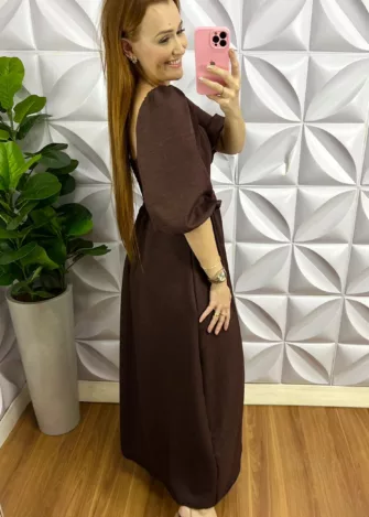 Vestido Cambraia De Linho Longuete Quesia - Marrom - Milla Chic