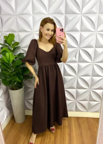 Vestido Cambraia De Linho Longuete Quesia - Marrom - Milla Chic