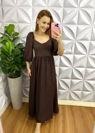 Vestido Cambraia De Linho Longuete Quesia - Marrom - Milla Chic