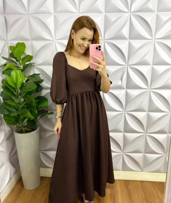 Vestido Cambraia De Linho Longuete Quesia - Marrom - Milla Chic