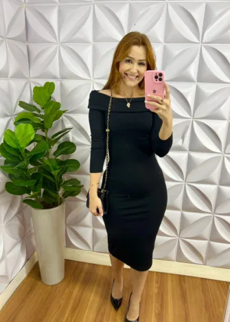 Vestido Canelado Ribana Tubinho Manga Longa Mercedes - Preto - Milla Chic