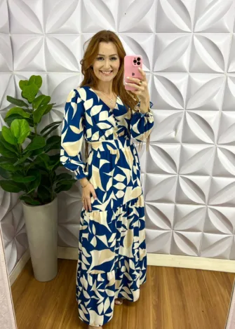 Vestido Crepe Alfaiataria Longo Manga Longa Alessandra - Azul - Milla Chic