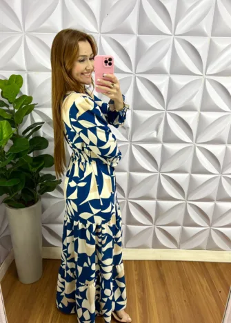 Vestido Crepe Alfaiataria Longo Manga Longa Alessandra - Azul - Milla Chic