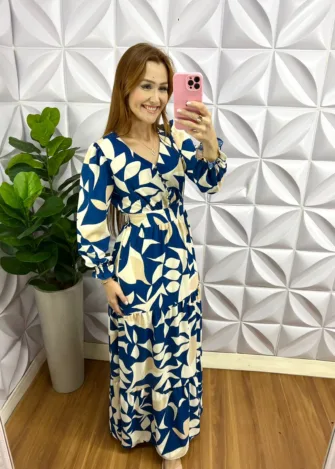 Vestido Crepe Alfaiataria Longo Manga Longa Alessandra - Azul - Milla Chic