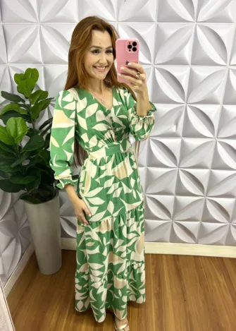 Vestido Crepe Alfaiataria Longo Manga Longa Alessandra - Verde - Milla Chic