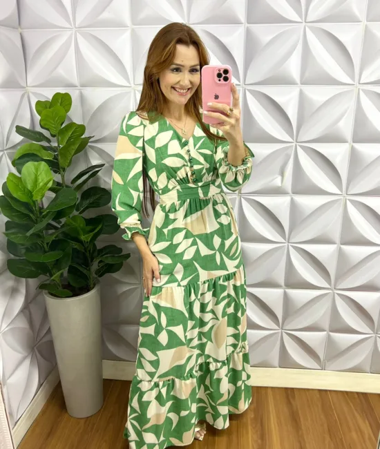 Vestido Crepe Alfaiataria Longo Manga Longa Alessandra - Verde - Milla Chic